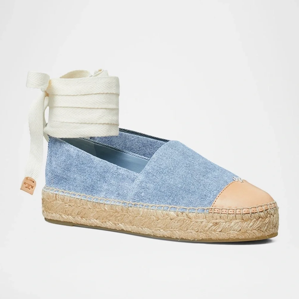 Tory Burch Bi-color Denim Ankle Wrap Cap Toe Espadrilles NWT